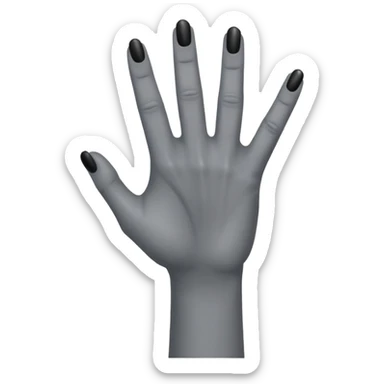 front angle view of a grey colored arm and 5-fingered hand reaching out, black finger nails behind sticker