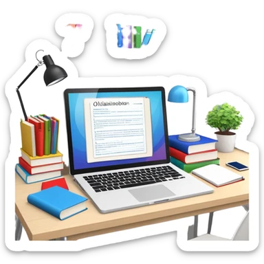 Computer on a desk with scattered books and notebooks and text "Ожидайте пользователь, делает все через AI" sticker