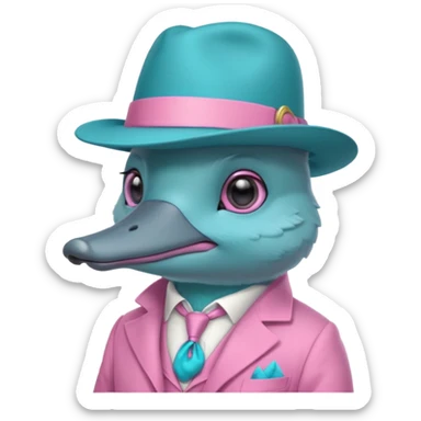 cute light blue turqiouse platypus head with a detective hat and monocle on his eye, no  hands, looks like a platypus but blue, the hat and suit are pink sticker