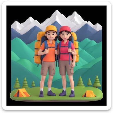 back packer couple posing, mountains in background,   close up pose sticker