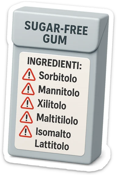 SU QUESTO STILE FAI UN EMOJI STILE IPHONE 3D DI UN pacchetto di gomme senza zucchero con ETICHETTA CON GLI INGREDIENTI SCRITTI, "sorbitolo, mannitolo, xilitolo, maltitolo, isomalto, lattitolo" accanto ad ogni nome scritto mettici un segnale di allarme, FALLO MOLTO REALISTICO IN 3D sticker