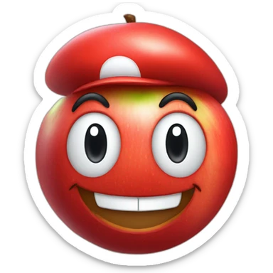smiling red apple wearing a Mario hat sticker