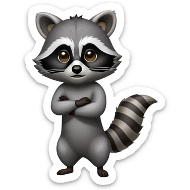 Cinematic-Raccoon-Realistic-Full-Body-Standing-Emoji – Tail flicking lazily, head tilted dramatically, thick grey fur with a signature black mask, sharp and alert ears, simplified yet realistic focused features, highly detailed, glowing with an almost sarcastic glow. sticker