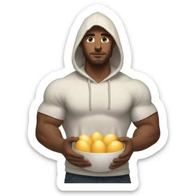 Buff white man with hoodie and dark brown hair holding a ton of eggs sticker