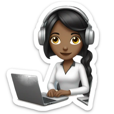 white girl with black hair working on laptop with headphones sticker