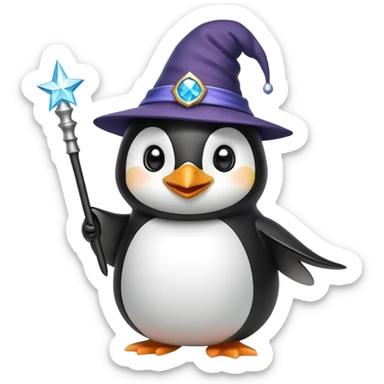 penguin wearing a wizard hat and holding a magic wand sticker