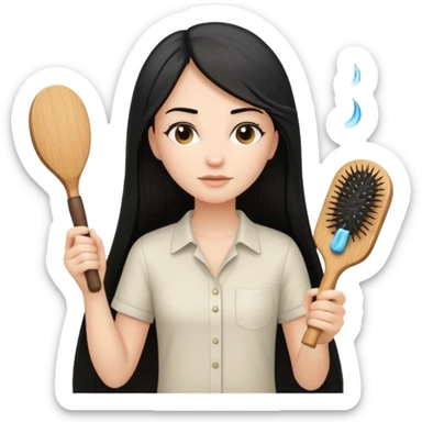 A white woman with long, straight black hair, wearing an ivory-colored shirt, holding a wooden paddle hairbrush in her left hand and spraying a hair mist bottle with her right hand toward her hair. sticker