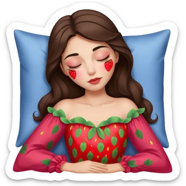 sleeping beauty brunette white girl with a silk pillow strawberry dress with her face painted strawberry sticker