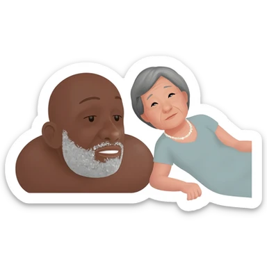 Baldheaded black man with salt/pepper goatee laying down with Japanese brunette older woman sticker