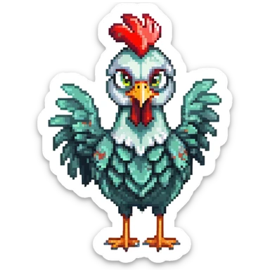 A cute blue-green rooster chicken with big eyes, red comb, small wings, skinny legs, and goofy expression sticker