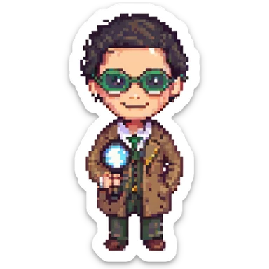 detective man with magnifying glass, raised eyebrows, smiling, pixel art style sticker