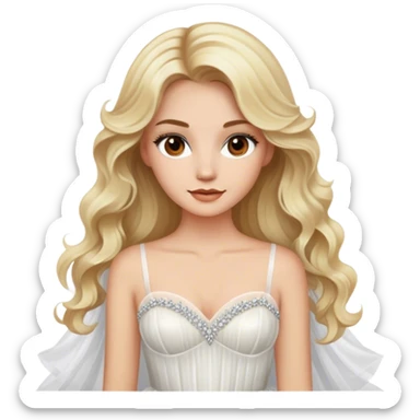 pretty blonde with brown eyes, long wavy hair, glamorous white tulle gown sticker