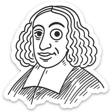 Make the right pupil of Spinoza's eye bigger, keeping the rest of the hand-drawn detail, facial features, long curly hair, 17th-century collar unchanged. Maintain the black outline icon style with transparent background. sticker