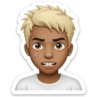Black Male Teenager with Short punk messy blonde hair, Dark brown bushy eyebrows large expressive golden-brown eyes, wearing a plain white t-shirt, Dark Brown skin color. vampire tooth sticker
