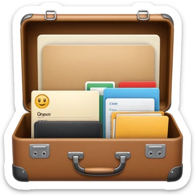 open suitcase with icons for CRM, tasks, chat, and documents, clean modern emoji style sticker