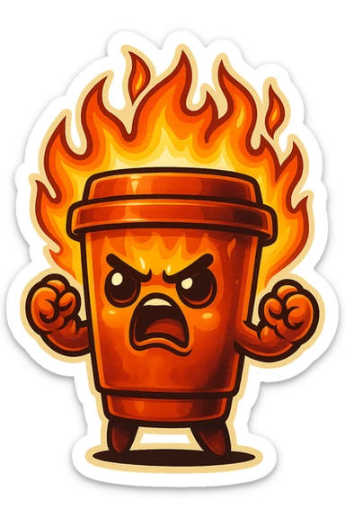 Tall coffee cup, angry, on fire, clenched fists, yelling sticker
