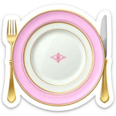 A luxurious plate with pink accents and elegant details, fork and knife on side sticker