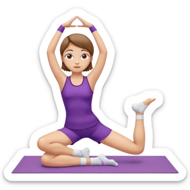 Девушка с короткими волосами до плеч русого цвета, с черными бровями, карие глаза, у неё фиолетовый спортивный костюм с топиком и шортами и белые носки, она занимается йогой в позе бибаласана sticker