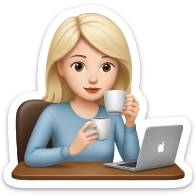 mujer blanca tomando un solo cafe y con un computador sentada en una mesa  sticker