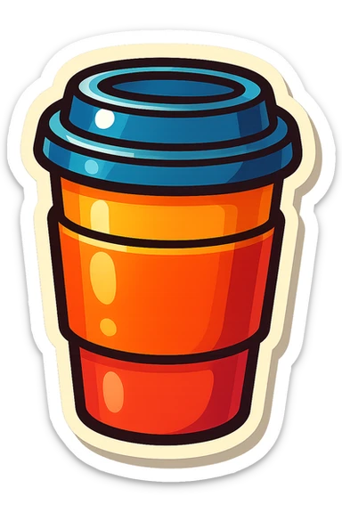 vector-style drawing of a takeaway coffee cup with a sleeve and lid, retro sticker style, bold outlines, glossy highlights, bright, smooth, playful sticker