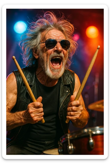 an old rocker drummer singing energetically with wild hair and sunglasses, holding drumsticks, open mouth, expressive face, stage lights, vibrant colors sticker