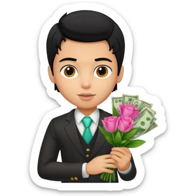a pretty bratz boy with black hair, holding a bouquet made of money sticker
