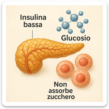 Add clear and legible Italian text to the icons in a realistic and symbolic-medical style: label the pancreas with 'Insulina bassa', the molecules with 'Glucosio', and the cells with 'Non assorbe zucchero'. Maintain the realistic and symbolic-medical style with clear and readable text. sticker