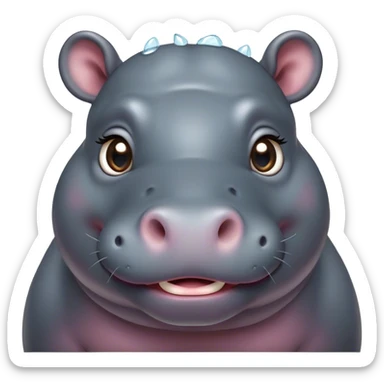 Cinematic Cute Hippo Portrait Emoji, Head tilted playfully and inquisitively, featuring a glossy slate-gray hide with a gentle sheen and round, sparkling eyes filled with curious charm, Simplified yet irresistibly adorable features, highly detailed, glowing with a warm, friendly glow, high shine, affectionate and serene, stylized with a touch of aquatic whimsy, bright and endearing, soft glowing outline, capturing the essence of a mischievous yet loving hippo, so playful it feels like it could splash out of the screen and into your arms! sticker