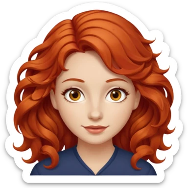 a woman with bright red wavy hair, slightly slanted almond brown eyes and white skin  sticker