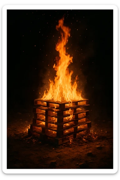 a bonfire built from a stack of wooden pallets, flames rising, rustic, glowing embers, night setting sticker