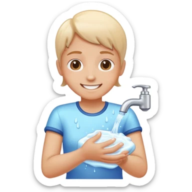 person washing hands with soap and water, cheerful expression, simple and clear sticker