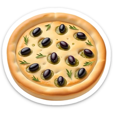cinematic-realistic-focaccia-bread-dish-emoji,-depicted-as-a-golden,-olive-oil-brushed-flatbread-sprinkled-with-herbs-rendered-with-lifelike-texture-and-soft,-appetizing-lighting showing olives on top  sticker