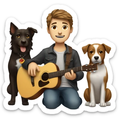 Boy with brown hair with a guitar, a computer, and two dogs. sticker