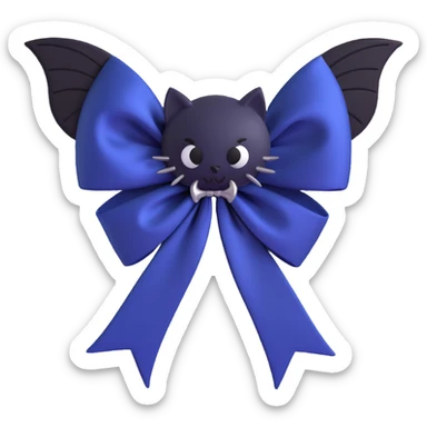 3D emoji gothic bow, midnight blue silk, silver bat brooch, black feather accents, mysterious and lush sticker