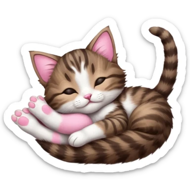 dark brown tabby and white kitten sleeping whilst in funny positions stretched out and  upside down sticker