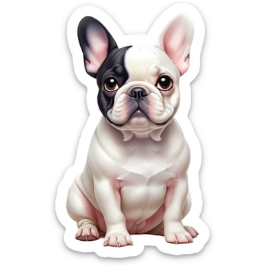 Cinematic Noble Pied French Bulldog Portrait Emoji, Radiating regal yet playful charm, with a distinctive pied fur of contrasting hues and a sculpted, expressive face featuring gentle, wise eyes and a confident stance, simplified yet artistically detailed, glowing with a soft, sophisticated radiance, high shine, exuding intelligent nobility and refined flair, soft glowing outline, capturing the essence of a noble Pied French Bulldog that embodies both strength and grace! sticker