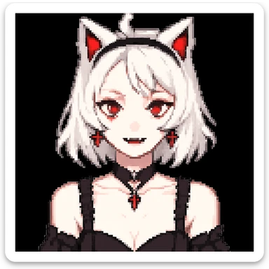Change hair color to white, keep all other gothic neko girl features the same, in pixel art style. Maintain pixel art aesthetic and details. sticker