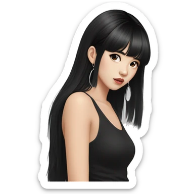 Korean girl, black tank top, black hair, black eyes, layered hair, cool girl, aesthetic, long hair, hime cut, blunt bangs, small silver hoop earrings sticker