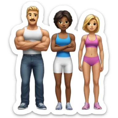 A short girl is sitting on a chair and two bodybuilders are standing behind her sticker