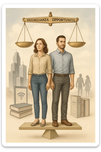 Un uomo e una donna, entrambi tra i 30 e i 40 anni, in piedi fianco a fianco su un piedistallo unico che rappresenta l’equilibrio. Indossano abiti moderni da lavoro o casual, con sguardi determinati e sereni. Sullo sfondo, simboli di società moderna: grattacieli, tecnologia, libri, famiglia. Sopra di loro, una bilancia perfettamente equilibrata con i simboli 'uguaglianza', 'opportunità', 'rispetto'. La scena è armoniosa, luminosa, con colori neutri e un tono positivo. Stile realistico con accenti simbolici in italiano sticker
