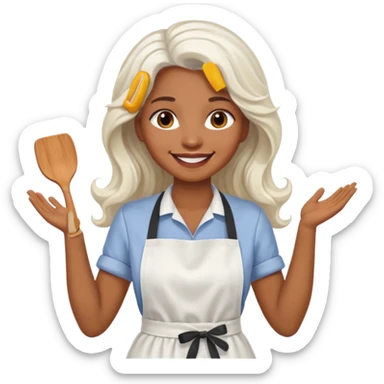 woman, brown skin, white long wavy hair, with apron sticker