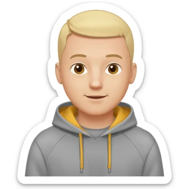 man in his 30s, buzz cut blonde hair, wearing a hoodie, cheerful expression emoji sticker