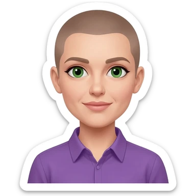 White skin , oval head shape female, light brown buzzcut, purple shirt, green eyes sticker