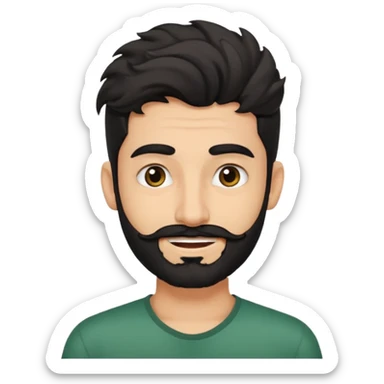 young fair skin Pakistani man smiling with black beard, wavy hair pushed back and squinted eyes and thick eyebrows sticker