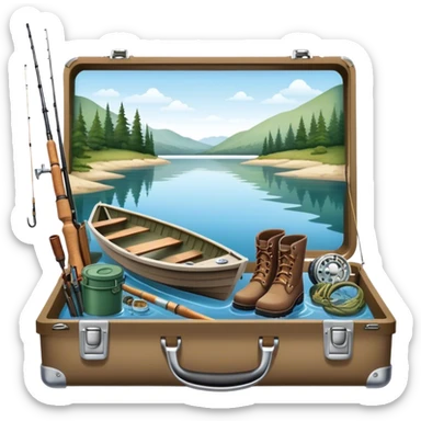 Icon for Fishing: a boat on the shore of a peaceful water body with a beautiful natural landscape, a fishing tackle box, a spinning rod, and boots nearby. The icon should capture the tranquility and gear of a fishing adventure. Transparent background. sticker