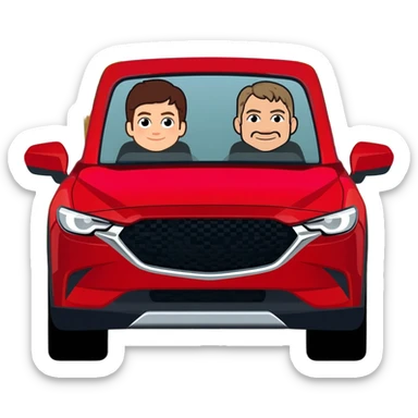 cx 5 2023 roja con conductor y copiloco, todo en caricatura sobre una avenida principal con paisaje verde sticker