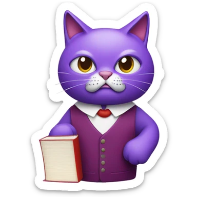 a purple cat wearing a red bob smoking cigarette with a book sticker