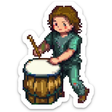 a person beating a drum for sahur in pixel art style sticker
