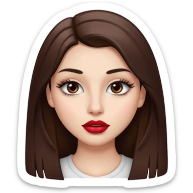 Una chica con piel muy clarita con pleo liso largo de color castaño y unos ojos marrones oscuro y labios grandes y nariz bonita y con unas pestsñas y maquillada sticker