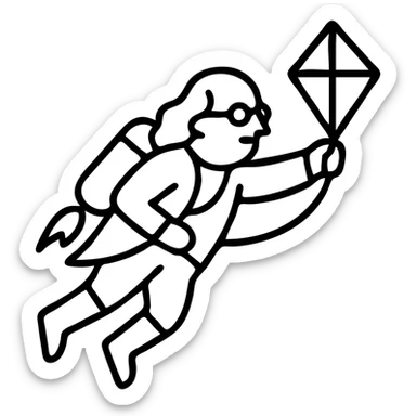 Ben Franklin flying with jetpack, left hand holding diamond kite, right arm reaching forward, clean modern black outline, startup logo sticker